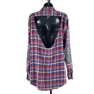 FURST of a kind womens backless shirt plaid 44 chest  leather /studded elbows